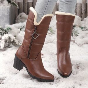 Elegant Brown Women's Winter Boots with Faux Fur Lining - Lined, Mid Calf